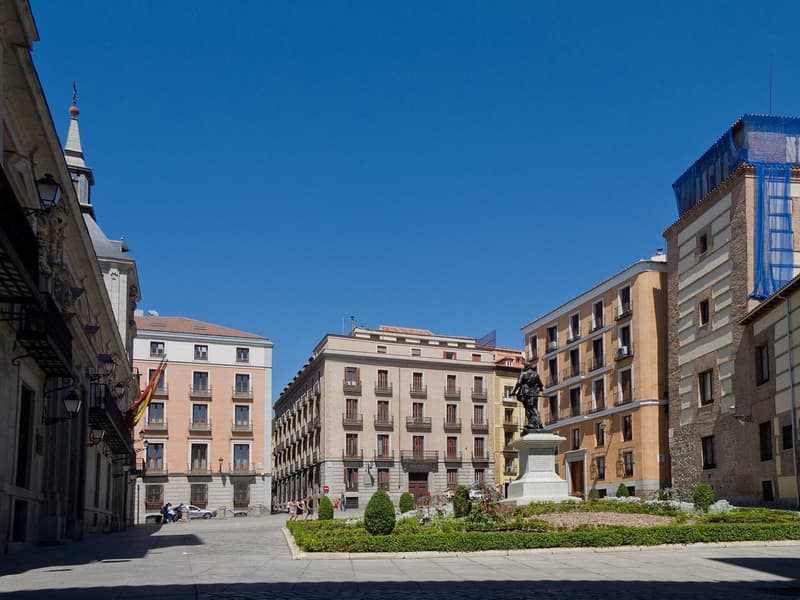 Plaza de la Villa in central Madrid, ringed by apartment buildings with wrought-iron balconies