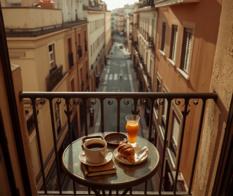 Illustration: breakfast on a rental balcony over a Madrid street